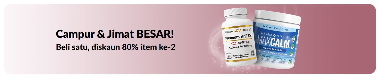 Sepanduk promosi iHerb menawarkan beli satu Diskaun 80% item ke-2 untuk kesejahteraan kesihatan.