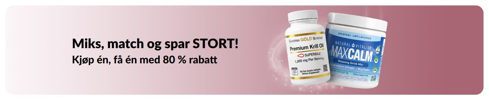 iHerb-kampanjebanner som tilbyr kjøp én, få én med 80 % rabatt på velværeprodukter.