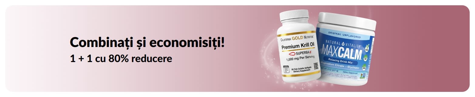 Banner promoțional iHerb cu 1 + 1 cu 80% reducere la produse esențiale pentru bunăstare.