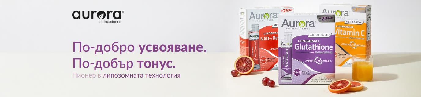 Рекламен банер на Aurora Nutrascience за хранителни добавки с липозомна технология, съдържащи витамин С, глутатион и NAD+.