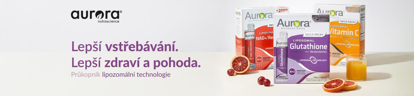 Banner Aurora Nutrascience pro doplňky stravy s lipozomy, včetně vitamínu C, glutathionu a NAD+.