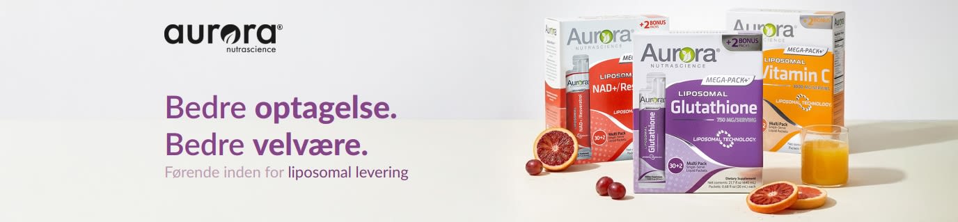 Aurora Nutrascience-banner for kosttilskud med liposomalt leveringssystem, der indeholder C-vitamin, glutathion og NAD+.