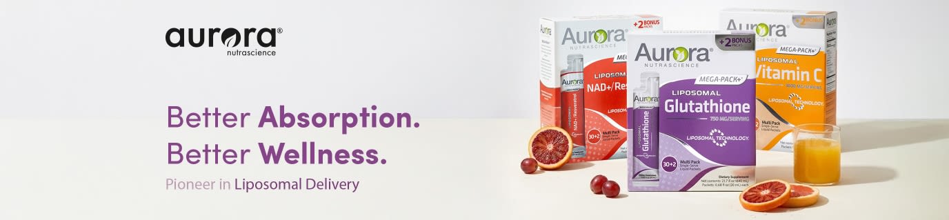 Aurora Nutrascience banner for liposomal delivery supplements, featuring Vitamin C, Glutathione, and NAD+.