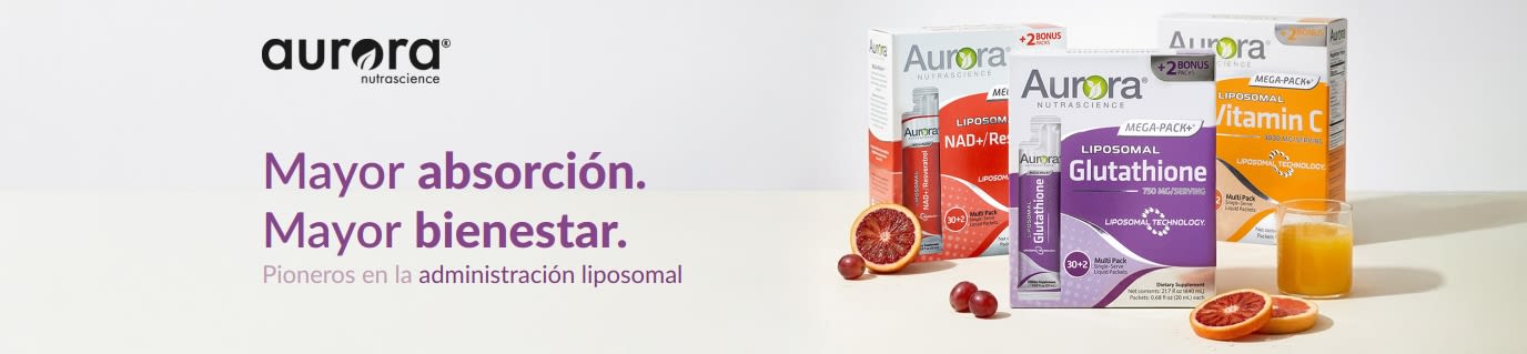 Banner de Aurora Nutrascience: suplementos de administración liposomal, con vitamina C, glutatión y NAD+.