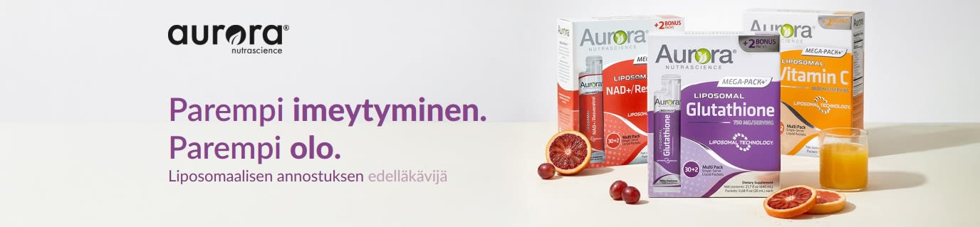Aurora Nutrascience -banneri liposomaalisesti annostelluista ravintolisistä. Kuvassa C-vitamiini, glutationi ja NAD+.