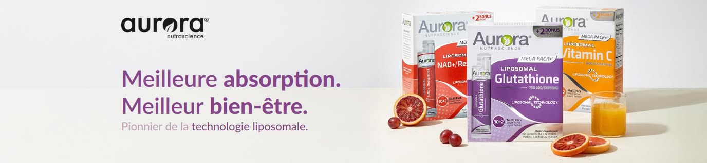 Bannière Aurora Nutrascience pour les compléments liposomaux : vitamine C, glutathion et NAD+.