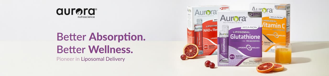 Aurora Nutrascience banner for liposomal delivery supplements, featuring Vitamin C, Glutathione, and NAD+.