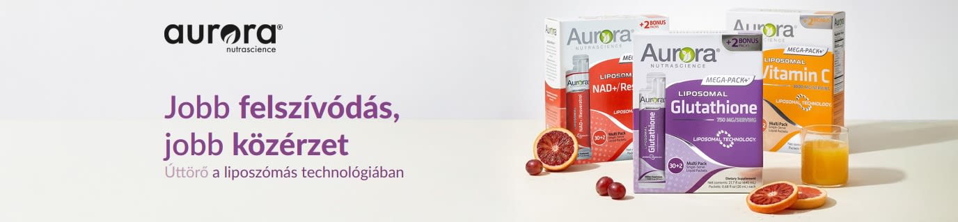 Liposzómás étrend-kiegészítőket hirdető Aurora Nutrascience banner, C-vitaminnal, glutationnal és NAD+-szal.