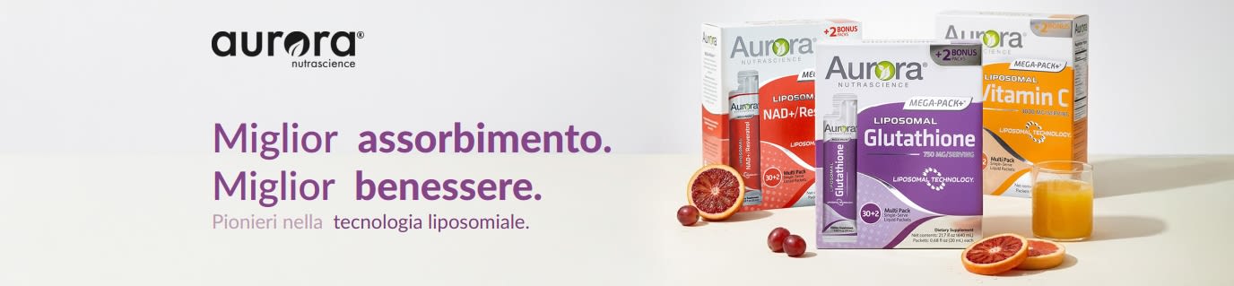 Banner di Aurora Nutrascience per integratori a rilascio liposomiale, con Vitamina C, Glutatione e NAD+.