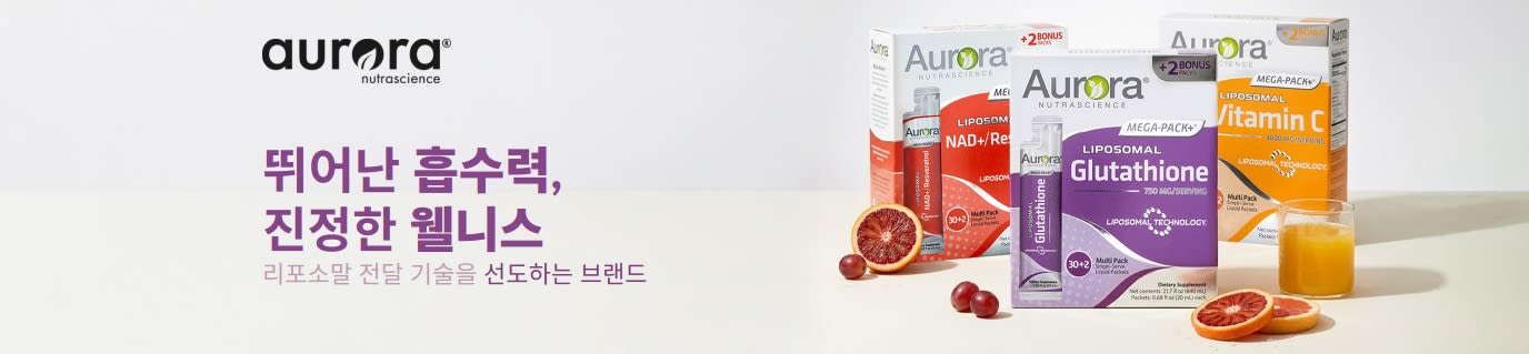 리포소말 전달 기술을 적용한 Aurora NutraScience의 비타민 C, 글루타티온, NAD+ 제품을 소개하는 프로모션 배너.