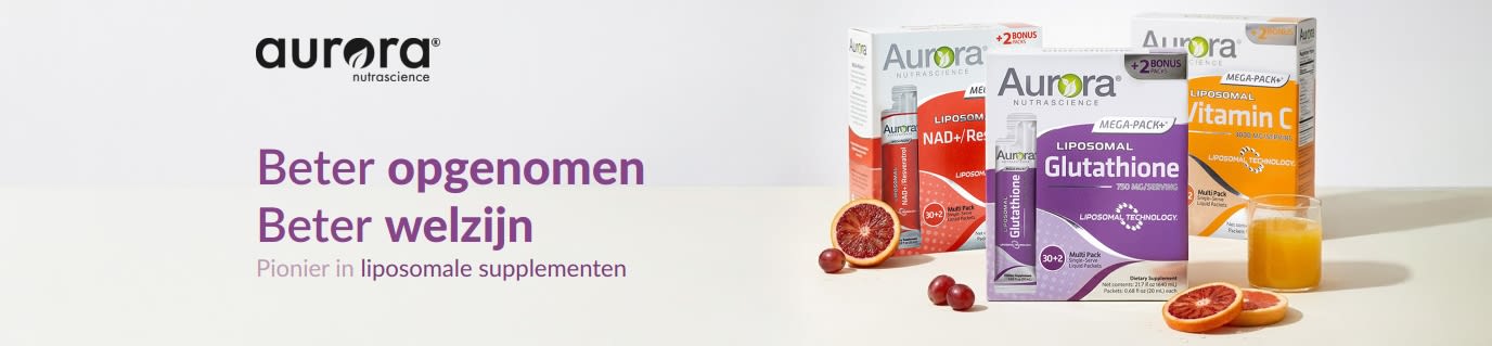 Banner van Aurora Nutrascience voor liposomaal toegediende supplementen, met vitamine C, glutathion en NAD+.