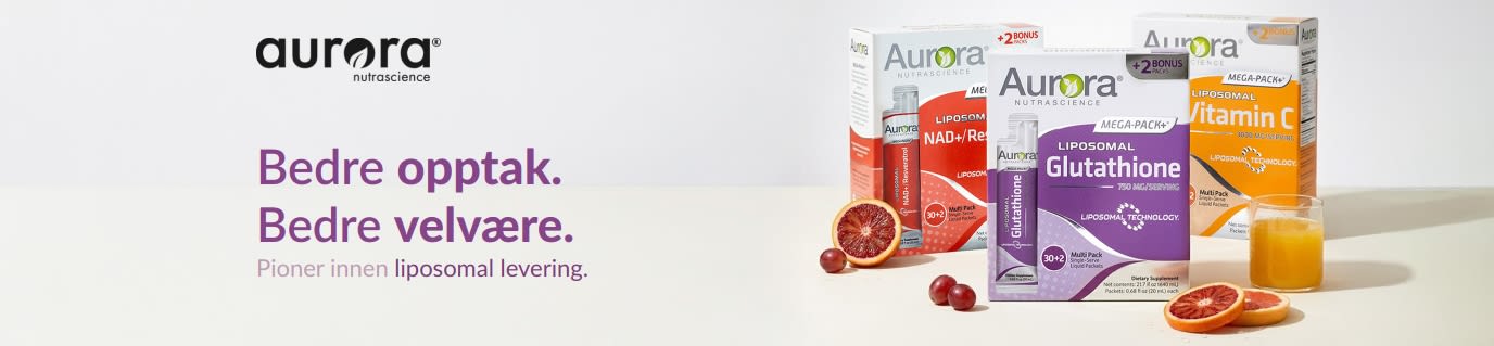 Aurora Nutrascience-banner for liposomale kosttilskudd, med vitamin C, glutation og NAD+.