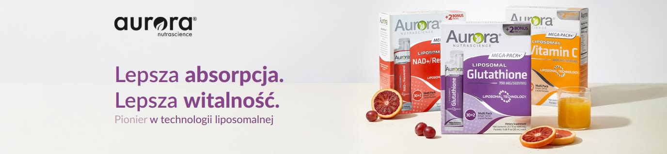 Baner marki Aurora Nutrascience promujący suplementy liposomalne, zawierający Witaminę C, Glutation oraz NAD+.