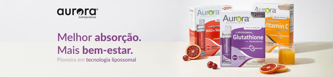Banner da Aurora Nutrascience para suplementos com tecnologia lipossomal, destacando Vitamina C, Glutationa e NAD+.
