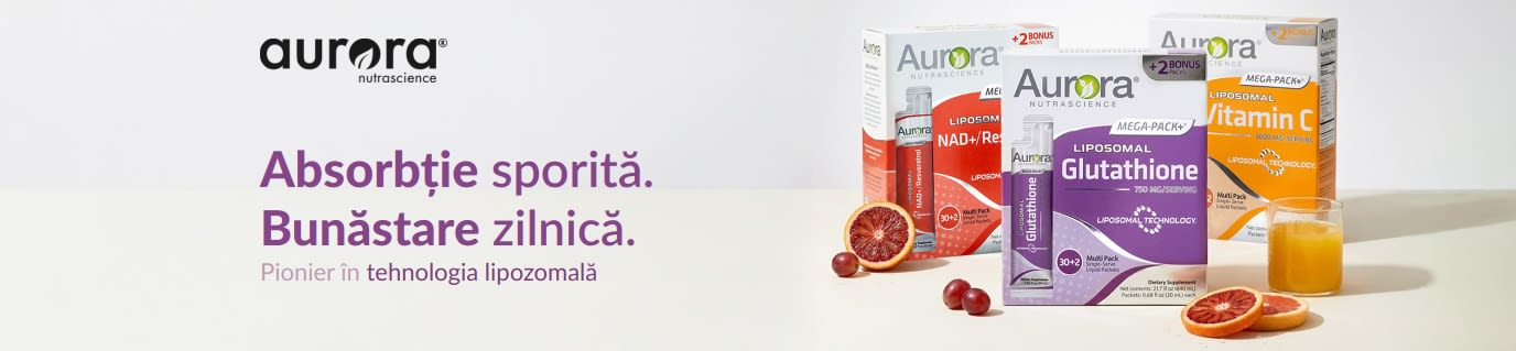 Banner Aurora Nutrascience cu suplimente lipozomale cu vitamina C, glutation și NAD+.