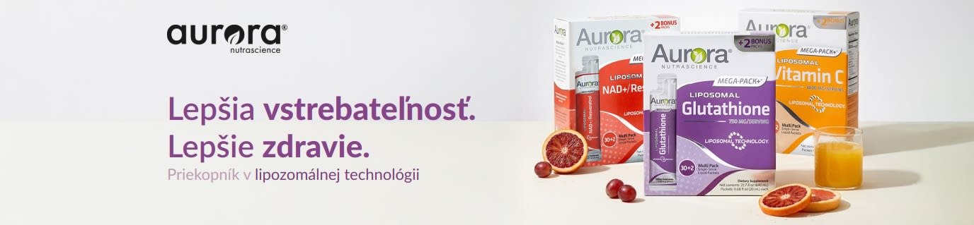 Baner značky Aurora Nutrascience pre lipozomálne technológie s vitamínom C, glutatiónom a NAD+.