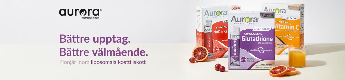 Aurora Nutrascience-banner för kosttillskott med liposomal tillförsel, med C-vitamin, glutation och NAD+.