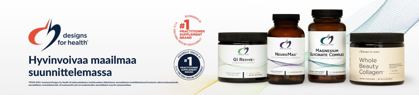 Osta hyvinvointituotteita Designs for Health -merkiltä – mukaan lukien GI Revive, NeuroMag ja Collagen.