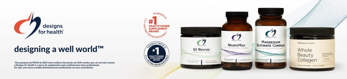 Compre produtos de bem-estar da marca Designs for Health, incluindo GI Revive, NeuroMag e Collagen.