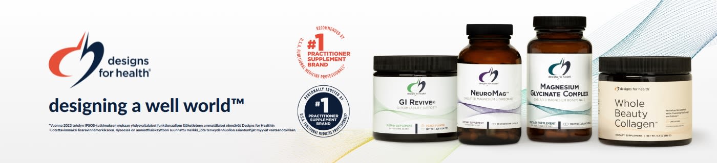 Osta hyvinvointituotteita Designs for Health -merkiltä: mukaan lukien GI Revive, NeuroMag ja kollageeni.