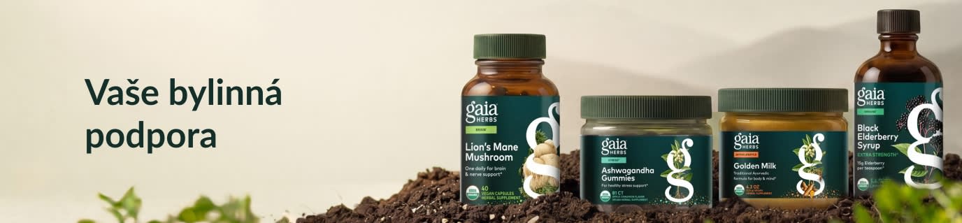 Doplňky stravy Gaia Herbs na hromádce hlíny s textem Vaše bylinná podpora