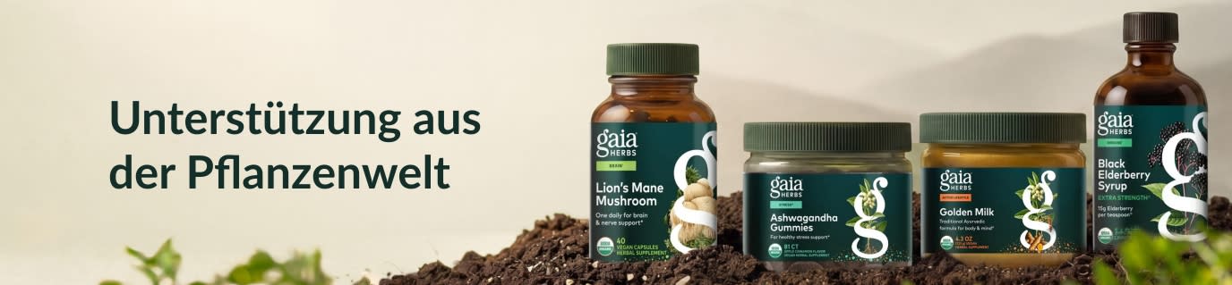 Gaia Herbs-Nahrungsergänzungsmittel auf Erde und dem Satz „Unterstützung aus der Pflanzenwelt“.
