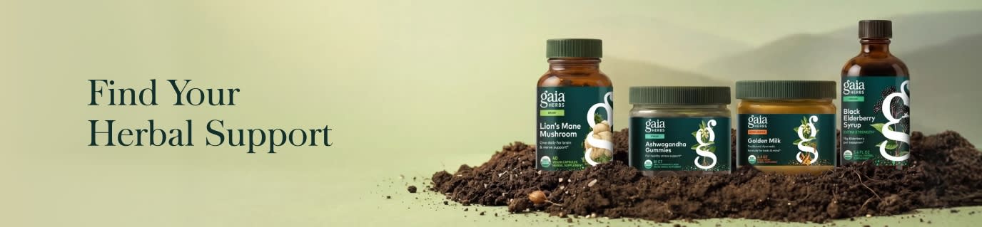 Gaia Herbs supplements on a pile of soil next to text reading, 