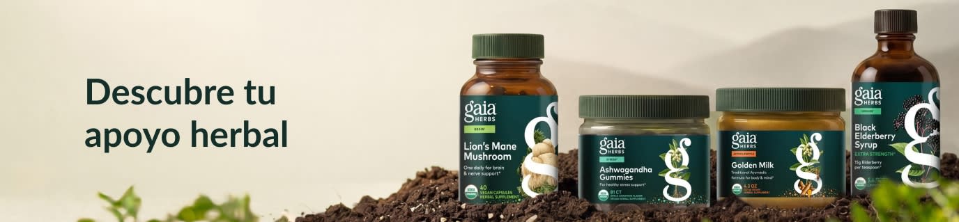 Suplementos de Gaia Herbs sobre tierra junto al texto: ‘‘Descubre tu apoyo herbal’’.