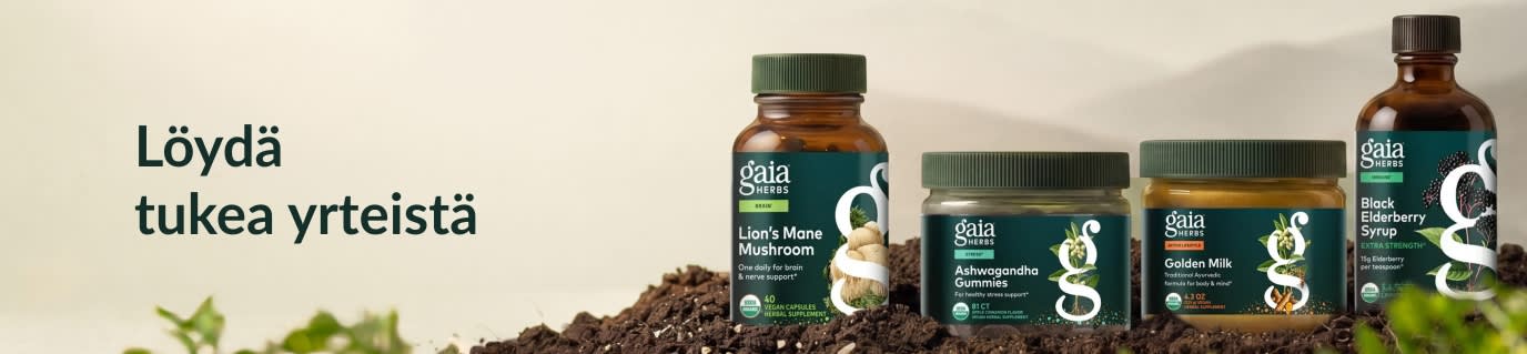 Gaia Herbs -ravintolisäpurkkeja multakasan päällä ja vieressä teksti 