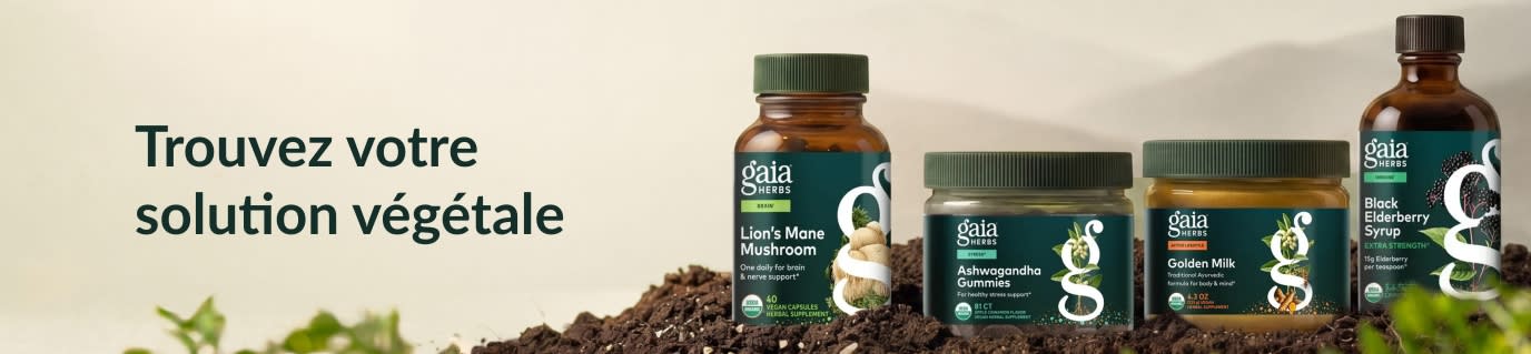 Des compléments Gaia Herbs posés sur un tas de terre, à côté du texte « Trouvez votre solution végétale ».