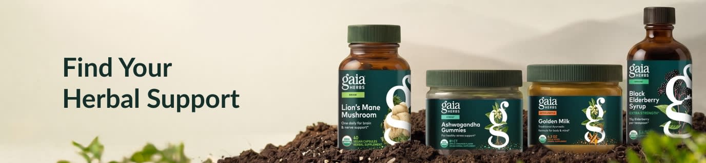 Gaia Herbs supplements on a pile of soil next to text reading, 
