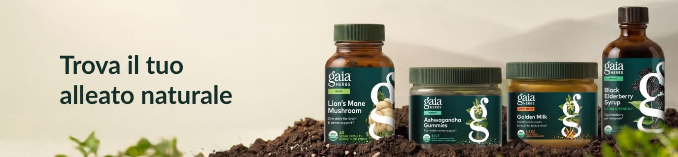Integratori Gaia Herbs che poggiano sul un cumulo di terra accanto alla scritta 