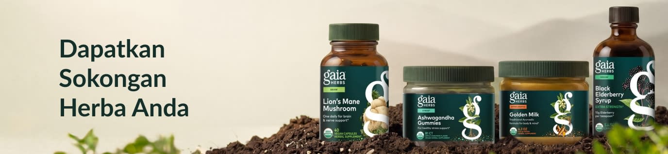 Suplemen Gaia Herbs di atas timbunan tanah di sebelah teks, 