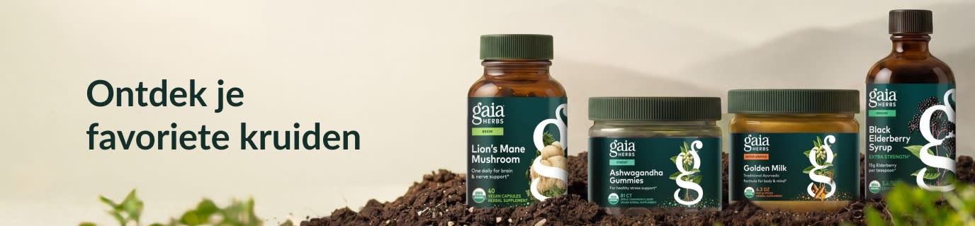Gaia Herbs-supplementen liggen op een hoopje aarde naast de tekst: 