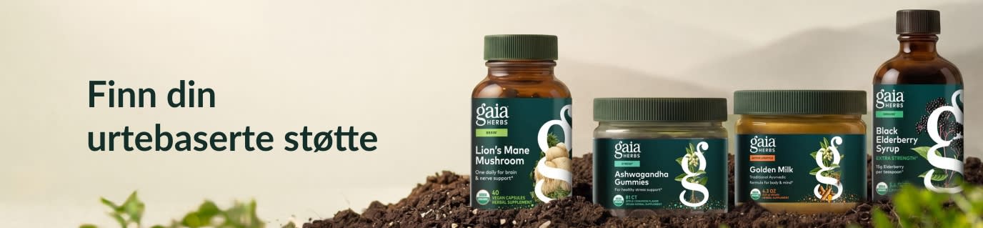 Gaia Herbs-kosttilskudd på en haug med jord ved siden av tekst som lyder: 