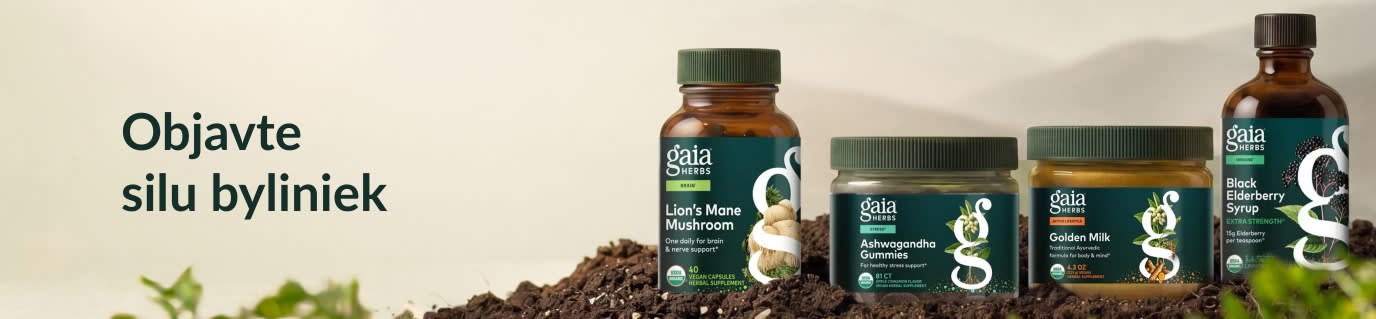 Gaia Herbs výživové doplnky na kôpke zeme vedľa textu „Objavte silu byliniek“.