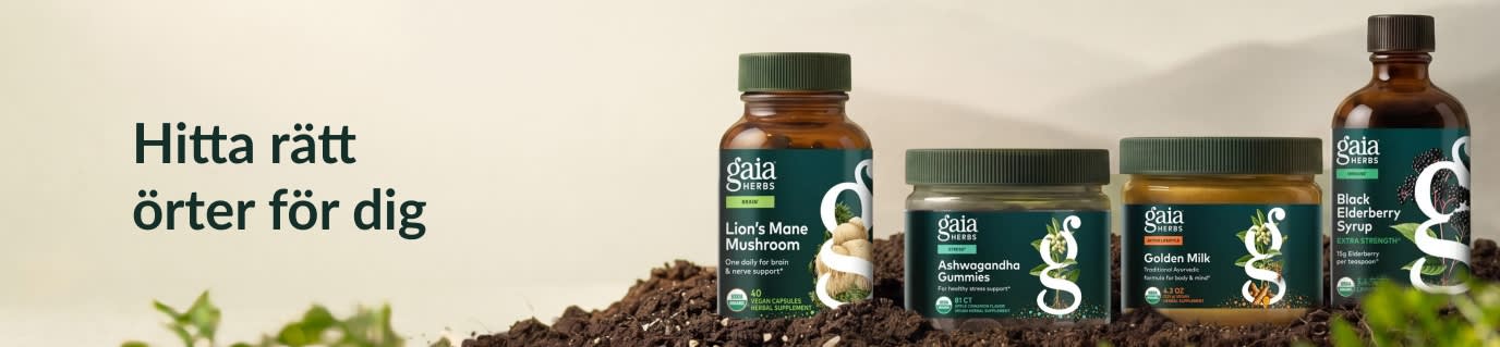 Kosttillskott från Gaia Herbs på en hög med jord bredvid texten: 