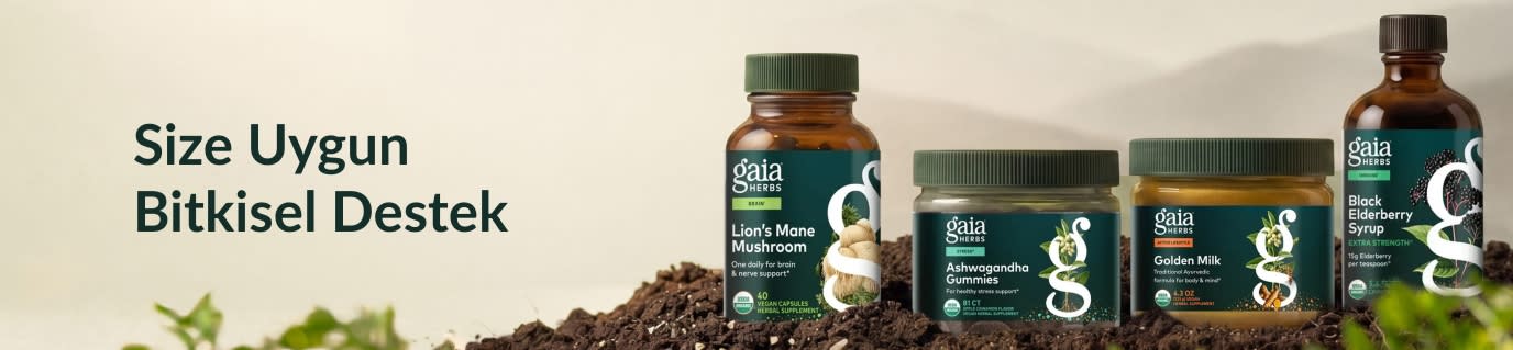 Üzerinde Gaia Herbs takviyeleri bulunan bir toprak yığını ve yanında “Size uygun bitkisel destek” yazısı.
