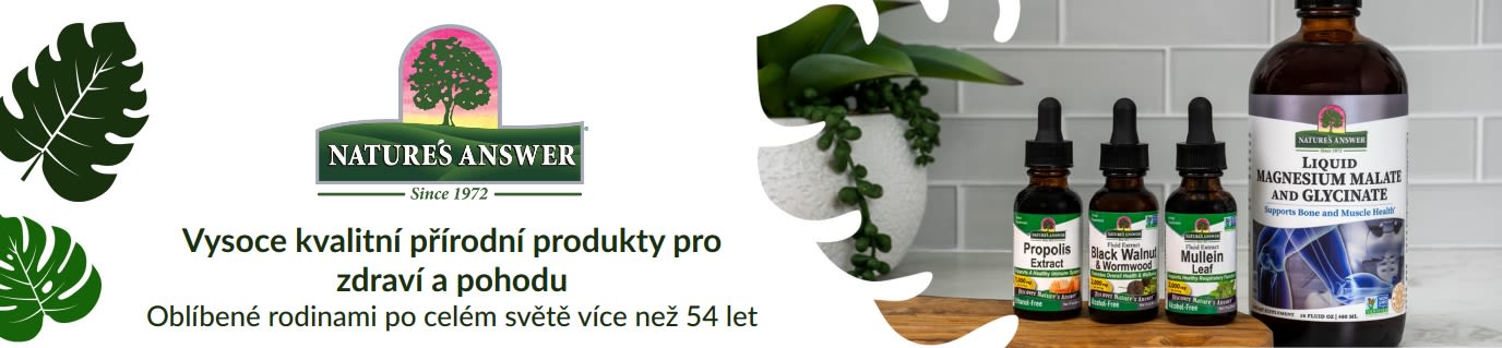 Nature's Answer banner: Text Vysoce kvalitní přírodní produkty pro zdraví a pohodu s několika lahvičkami doplňků stravy.