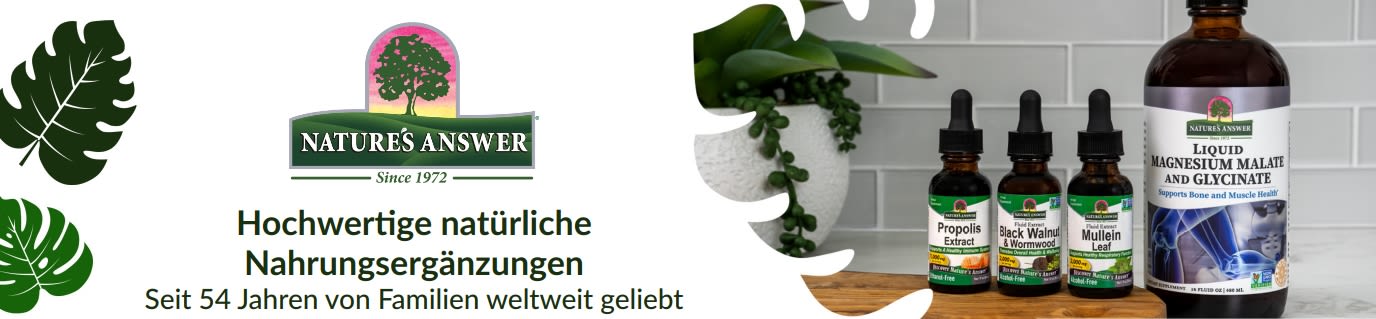 Nature's Answer Banner: Hochwertige natürliche Nahrungsergänzungsmittel mit einer Auswahl an flüssigen Supplements.