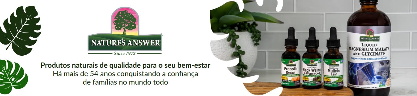 Banner da Nature's Answer com produtos naturais de alta qualidade para o bem-estar e uma seleção de suplementos líquidos.
