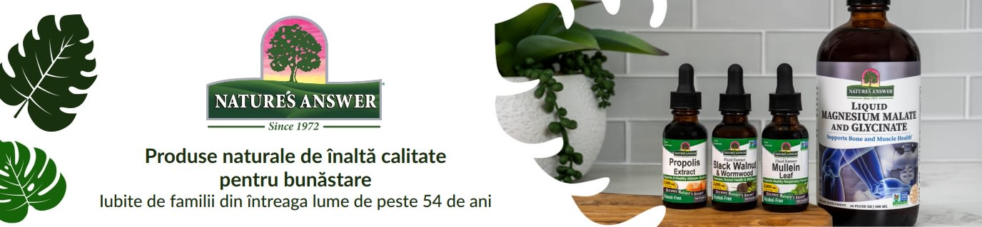Banner Nature's Answer: „Produse naturale de înaltă calitate pentru bunăstare”, cu suplimente lichide.