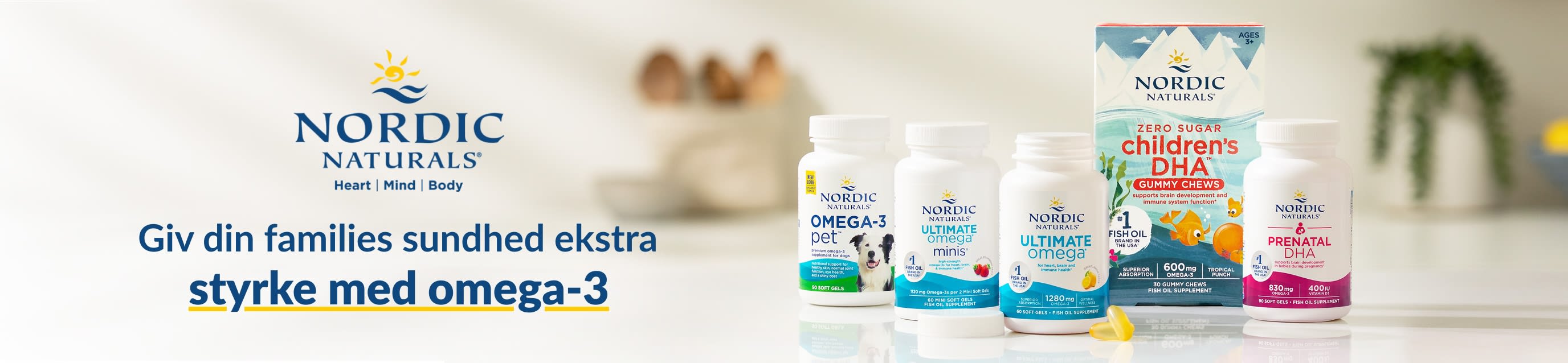 Nordic Naturals-banner med Omega-3-kosttilskud og teksten: 