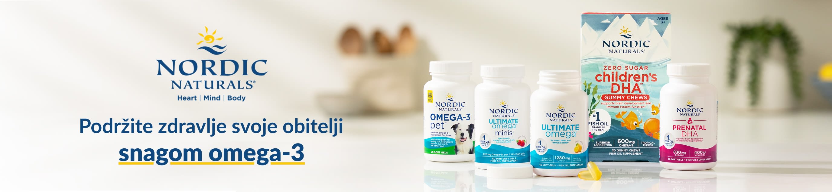 Reklamni natpis brenda Nordic Naturals s dodacima prehrani omega-3 i tekstom: „Podržite zdravlje svoje obitelji snagom omega-3.”