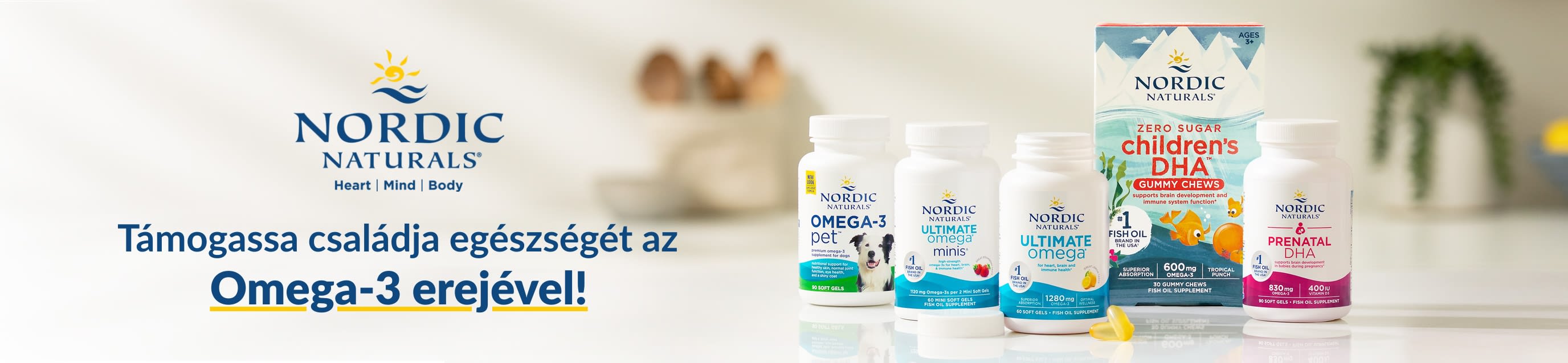 Nordic Naturals banner omega-3 étrend-kiegészítőkkel és a következő szöveggel: 