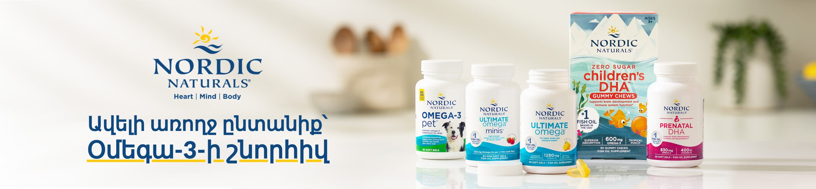 Nordic Naturals-ի Օմեգա-3 հավելումները ներկայացնող բաներ՝ «Ավելի առողջ ընտանիք՝ Օմեգա-3-ի շնորհիվ» գրությամբ։