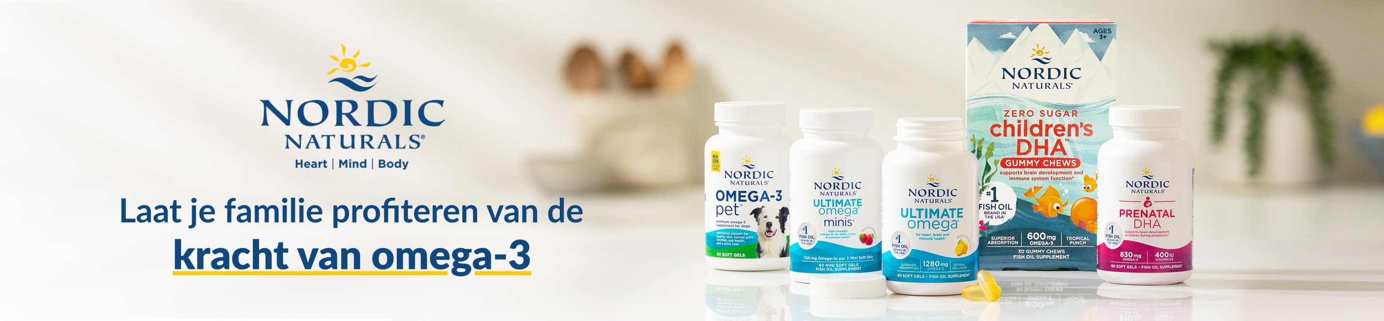 Nordic Naturals-banner met Omega-3-supplementen en de tekst: 