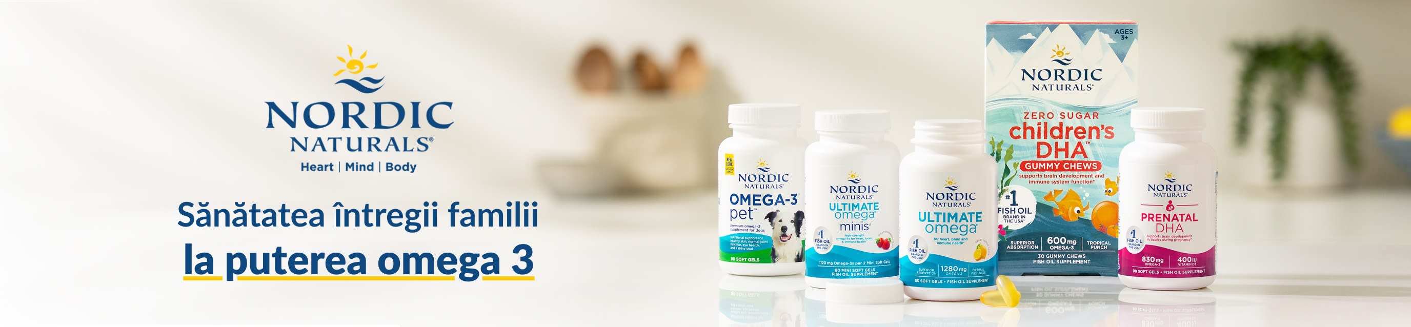 Banner Nordic Naturals cu suplimente cu omega 3 și textul „Sănătatea întregii familii la puterea omega 3”.