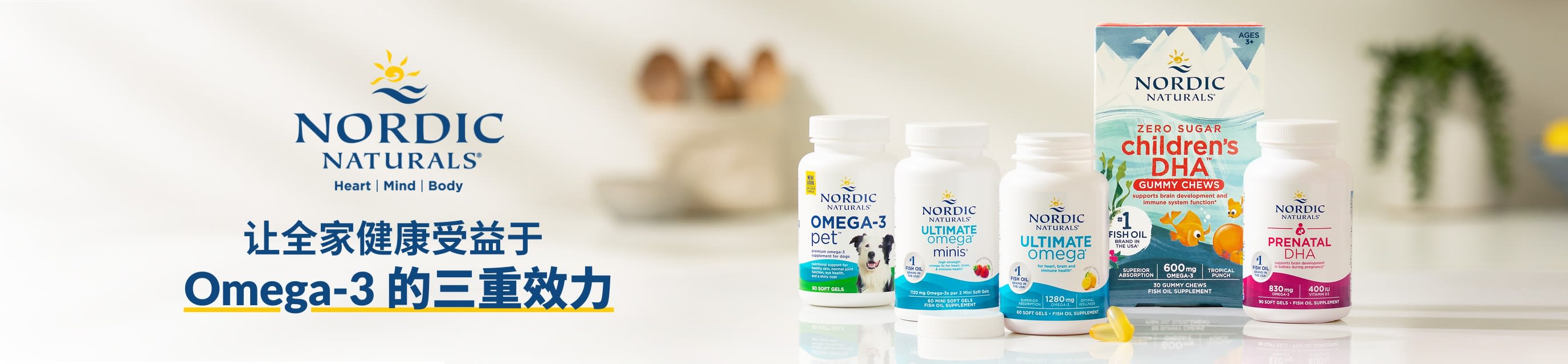 Nordic Naturals 横幅：画面上是 Omega-3 膳食补剂并配文：“让全家健康受益于 Omega-3 的三重效力。”