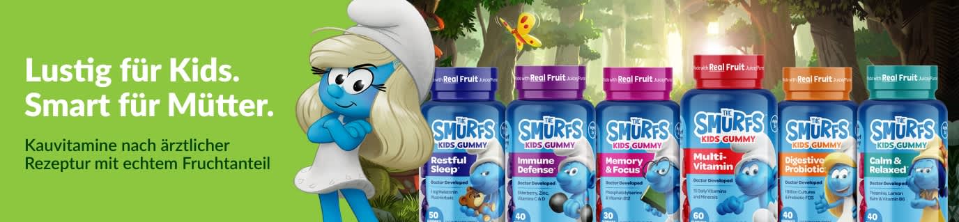 The Smurfs Kids Gummy von Ärzt:innen entwickelte Kauvitamine mit echten Früchten